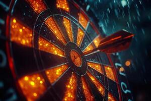 Dart hitting the bullseye of a dartboard under the rain at night photo