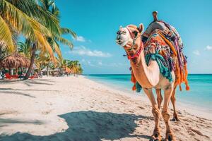 Camel resting on tropical beach with palm trees photo