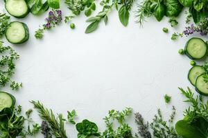 Fresh green herbs and cucumber slices creating a frame on white background photo