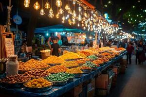 Colorful dried fruits and nuts displayed on table at night market, illuminating the bustling scene photo