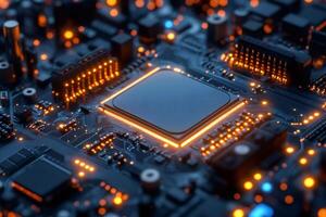 Glowing circuit board showcasing advanced microchip technology photo