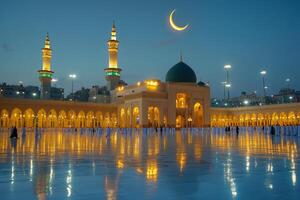 Nabawi mosque reflecting on wet floor at dusk with crescent moon photo