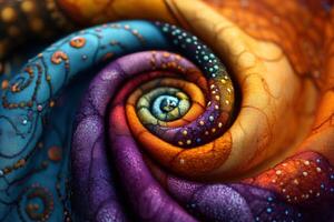 Vibrant swirling patterns in multicolored fabric art photo