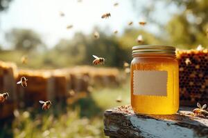 Buzzing bees surrounding a jar of honey in sunlit apiary photo