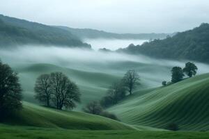Rolling green hills and trees emerging from the fog in a serene landscape photo