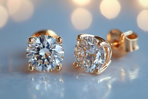 Pair of sparkling diamond earrings resting on reflective surface .
