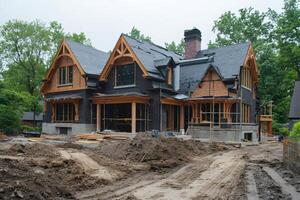 Large tudor style house under construction amidst trees photo