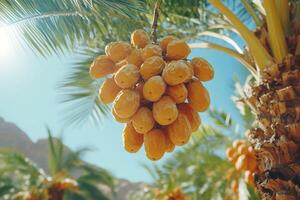 Bunch of fresh dates hanging on date palm tree in oasis photo