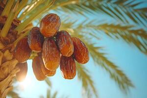 Bunch of ripe dates hanging from palm tree in sunlight photo