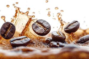 Coffee beans splashing in fresh brew . photo