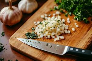 Chef chopping onions and parsley with garlic on wooden cutting board photo