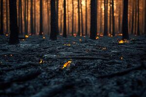 Smoldering ground and burning trees in a forest fire at sunset photo