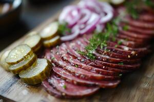 Sliced pastrami with pickles and red onions on wooden cutting board photo