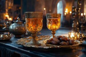Two ornate goblets with dates and teapot on a golden tray in candlelit setting photo