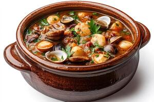 Delicious seafood stew with clams and scallops simmering in a clay pot photo
