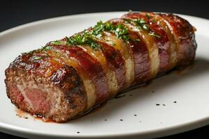 Delicious bacon wrapped meatloaf with herb garnish photo