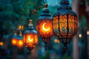 Illuminated arabic lanterns showing crescent moon symbol during ramadan photo