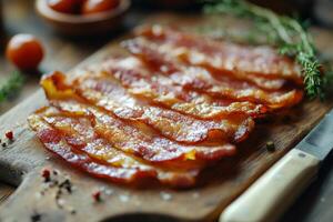 Delicious crispy bacon strips lying on wooden cutting board photo