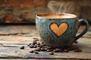 Rustic coffee cup with heart design on wooden table photo