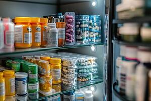 Organized shelves displaying various medicine bottles and pills photo