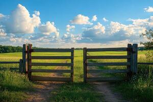 Open wooden gate leading to green field under cloudy sky . photo