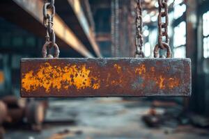 Rusty metal plate hanging from chains in abandoned industrial building photo