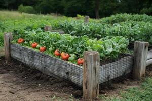 Growing vegetables in raised garden beds protecting with wire mesh photo