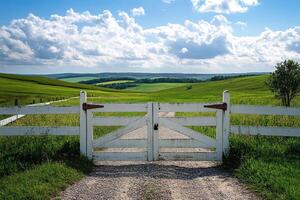 White wooden gate opening into green rolling hills under cloudy sky photo