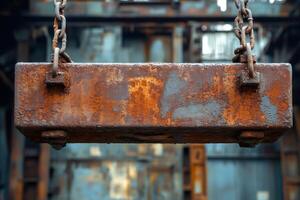 Rusty metal block hanging from chains in industrial setting photo