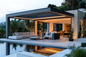 Modern luxury villa with illuminated pergola and infinity pool at dusk photo