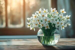 Bouquet of white daffodils resting on rustic wooden table in sunlit room photo