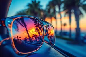 Sunglasses reflecting tropical sunset and palm trees on car dashboard. . photo