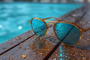 Sunglasses with water droplets resting near swimming pool on wooden surface photo