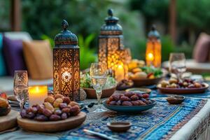 Ornate lanterns illuminating iftar dinner table with dates and fruits photo
