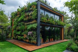 Modern green building with vertical garden and rooftop plants promoting sustainable architecture photo