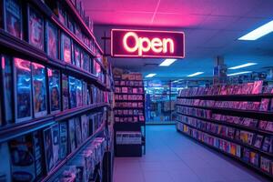 store displaying open sign with neon lights at night photo