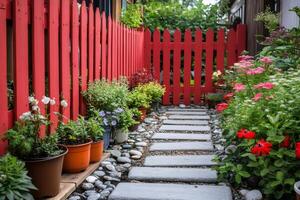 Red picket fence bordering stone pathway in lush garden photo