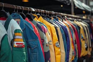 Colorful second hand clothes hanging on a rack in a street market photo
