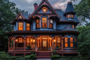 Victorian era house exhibiting intricate architecture and stained glass at twilight. photo