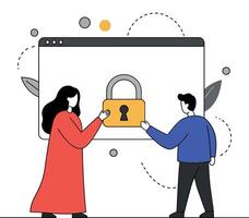 Two individuals exchanging a golden lock in front of a digital screen, minimal and modern illustration vector