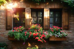 Sunlight illuminating a charming brick wall with flower boxes and windows photo