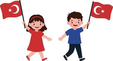 Two joyful children holding Turkish flags while running through a vibrant celebration scene in a flat illustration vector