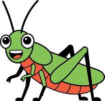 Cheerful cartoon grasshopper in vibrant green and red flat art design for childrens illustrations vector