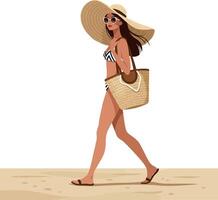 Woman in a stylish swimsuit walking along a sandy beach with a large sun hat and tote bag in a minimal illustration vector