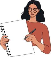 A woman holding a blank notepad with a pen, minimal style, engaged in creative thinking, art vector