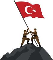 Two soldiers raising the Turkish flag triumphantly on a rocky summit in a bold, minimal illustration vector