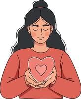Woman holding a heart symbol with calm expression in minimal illustration vector