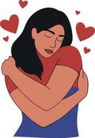 A woman embracing herself in a joyful expression with red hearts, flat illustration vector