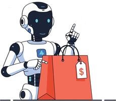 Robot holding a shopping bag with a dollar sign in a flat illustration style depicting modern retail interaction vector