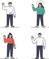 Four diverse individuals waving in a friendly manner, minimal flat design illustration vector